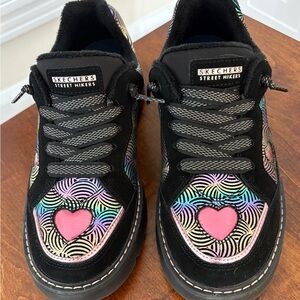 Skechers Black Sneakers with Multicolor Swirl Panels and Pink Heart